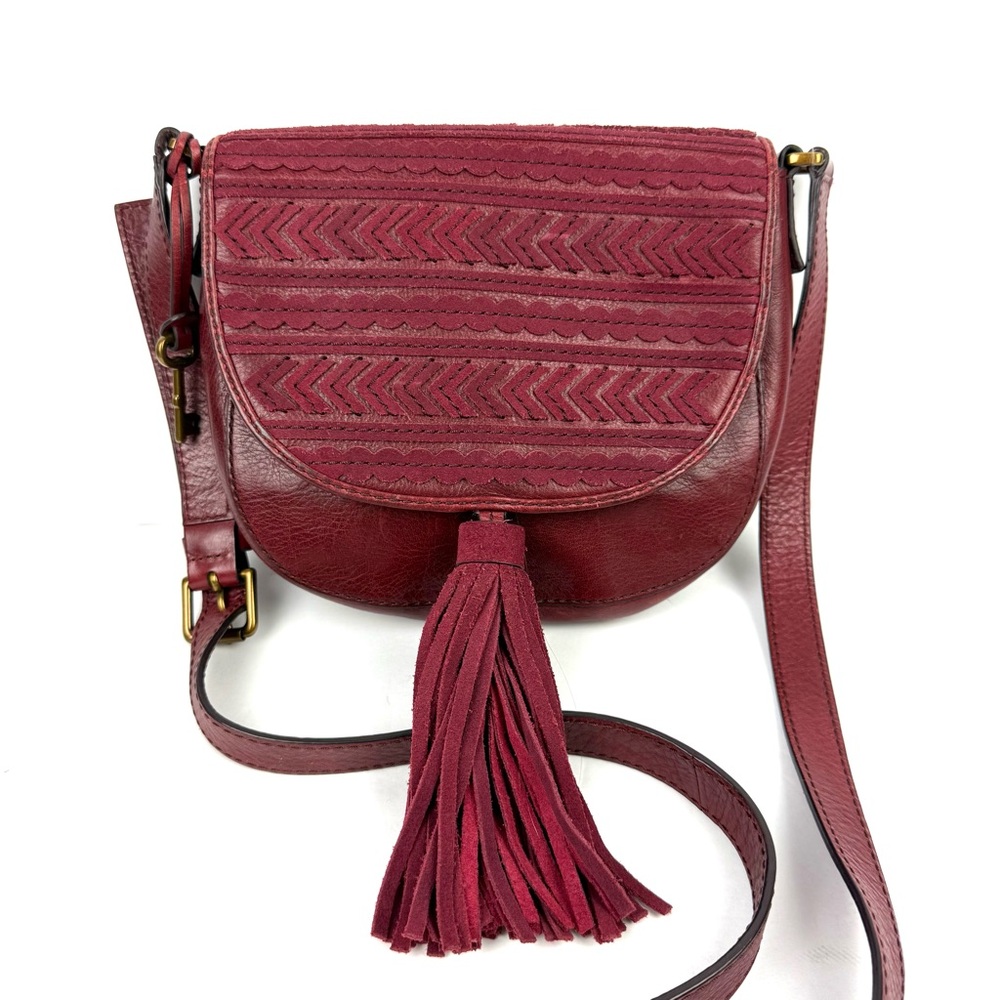 Fossil Emi Crossbody Saddle Bag Burgundy Wine‎ Leather Flap Handbag Purse
